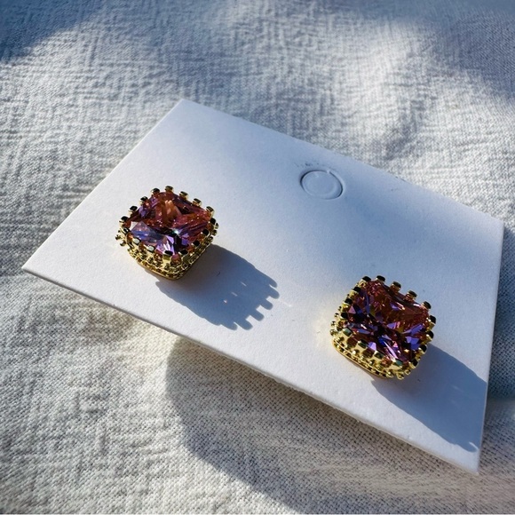 Simulated Pink Sapphire Princess Cut CZ Studs - Picture 5 of 10